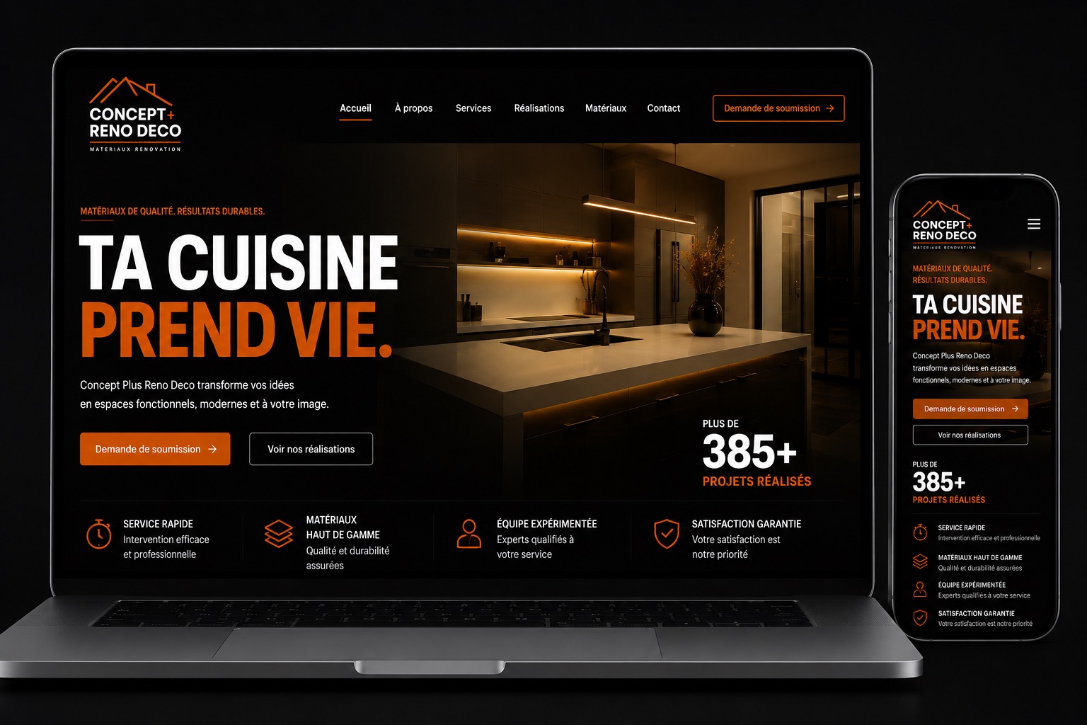 Site web Concept Plus Réno Déco présenté sur ordinateur et mobile