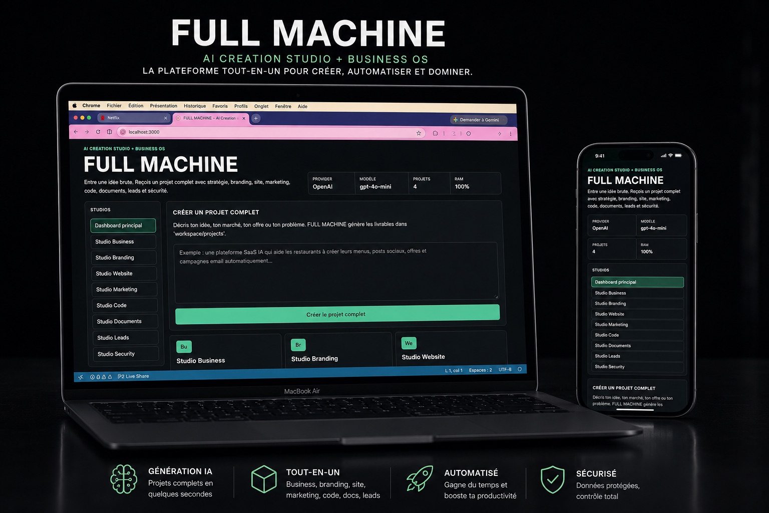 Plateforme Full Machine présentée sur ordinateur et mobile