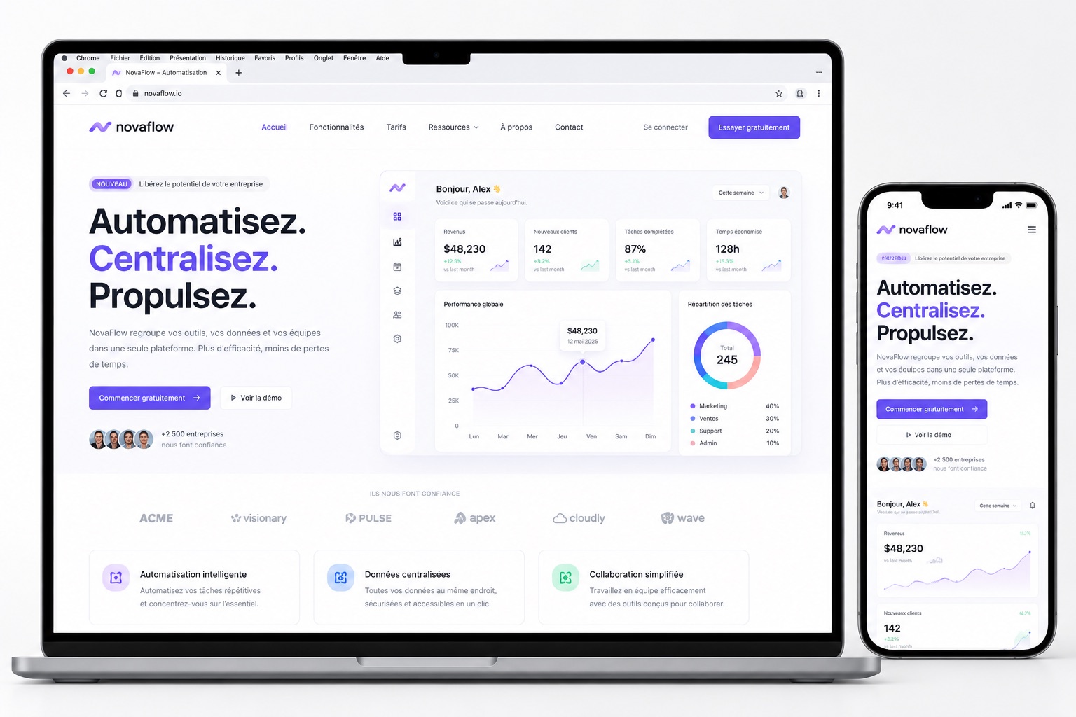 Site NovaFlow présenté sur ordinateur et mobile