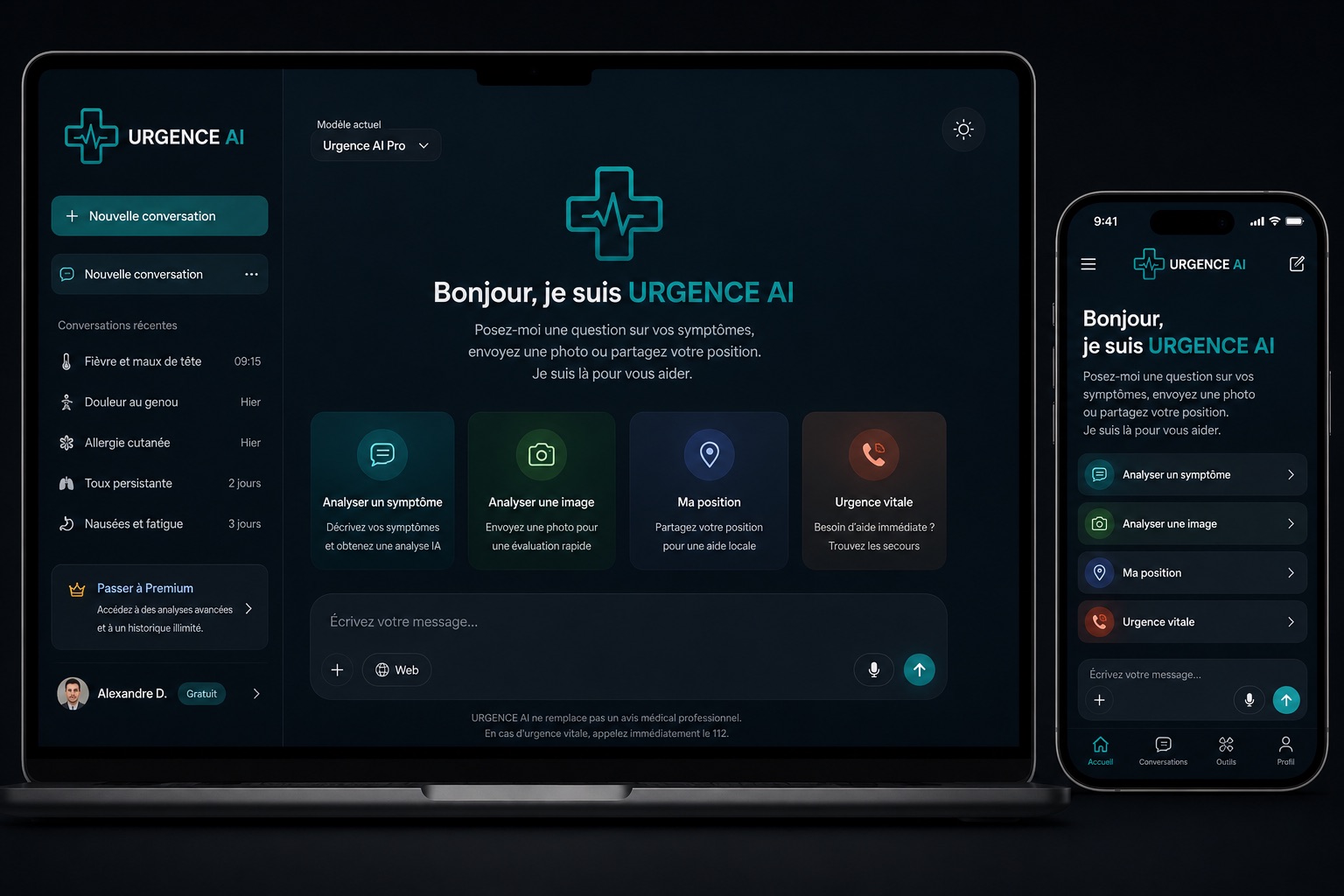 Application Urgence AI présentée sur ordinateur et mobile